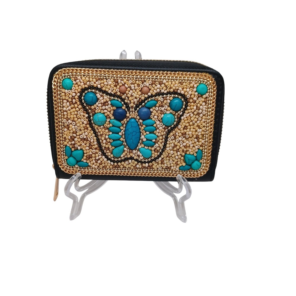 Beaded Butterfly Zip Around Wallet Black Faux Leather Turquoise Gold Boho 5.5"